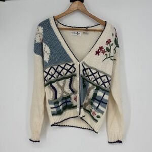Vintage Womens Knit Cardigan Sweater Multi Color Patchwork Floral M Cottage